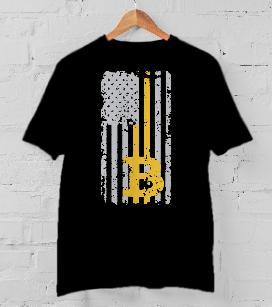 Bitcoin Logo On Distressed American Flag Background T-Shirt