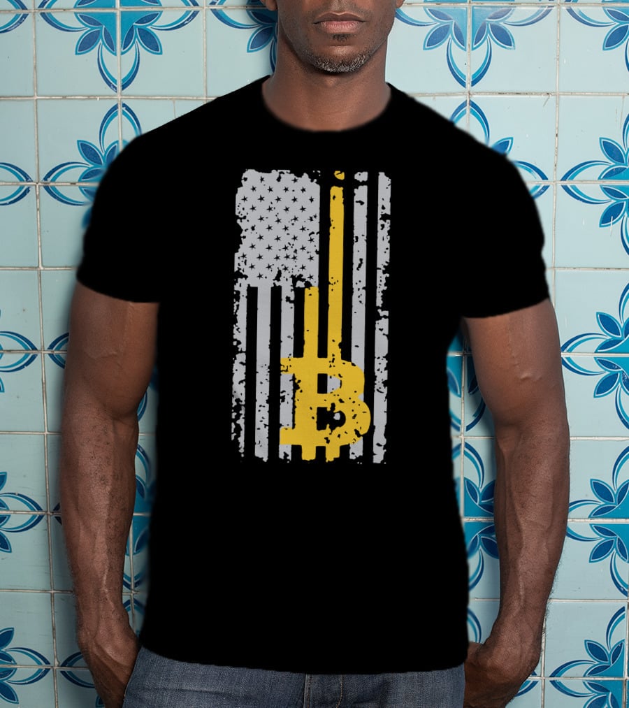 Bitcoin Logo On Distressed American Flag Background T-Shirt