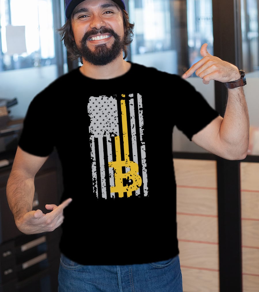Bitcoin Logo On Distressed American Flag Background T-Shirt