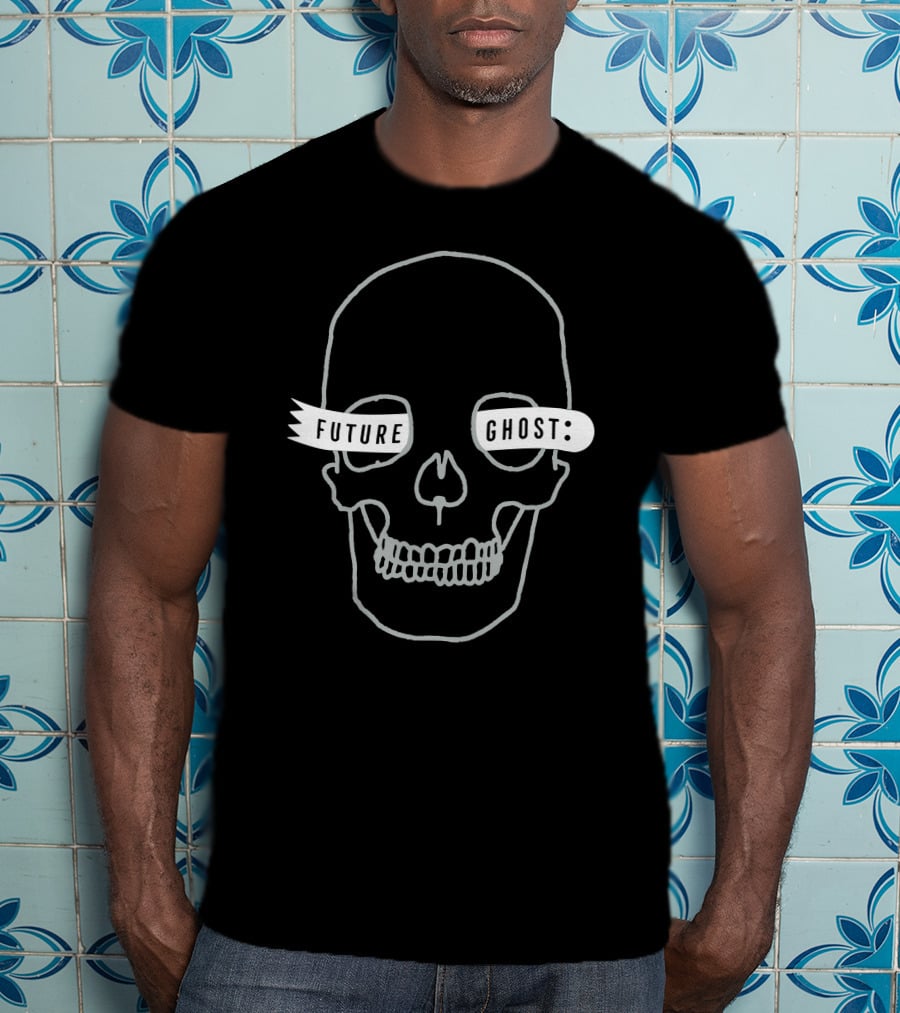 Future Ghost Skull Illustration With Banner Text T-Shirt