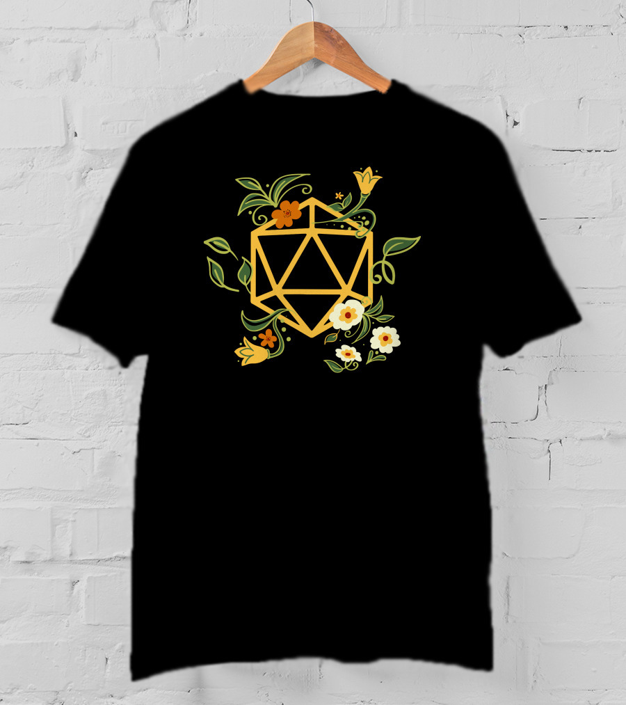 Geeky Polyhedral D20 Dice Set With Floral Plant Elements T-Shirt