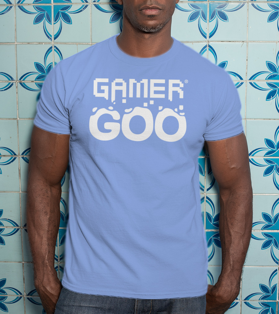 Gamer Goo Retro Pixel Font Blue Background T-Shirt