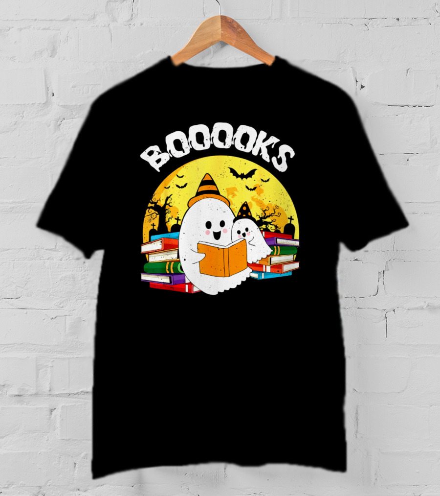 Booooks Ghost Reading Books Halloween Theme With Stacked Books And Bats T-Shirt