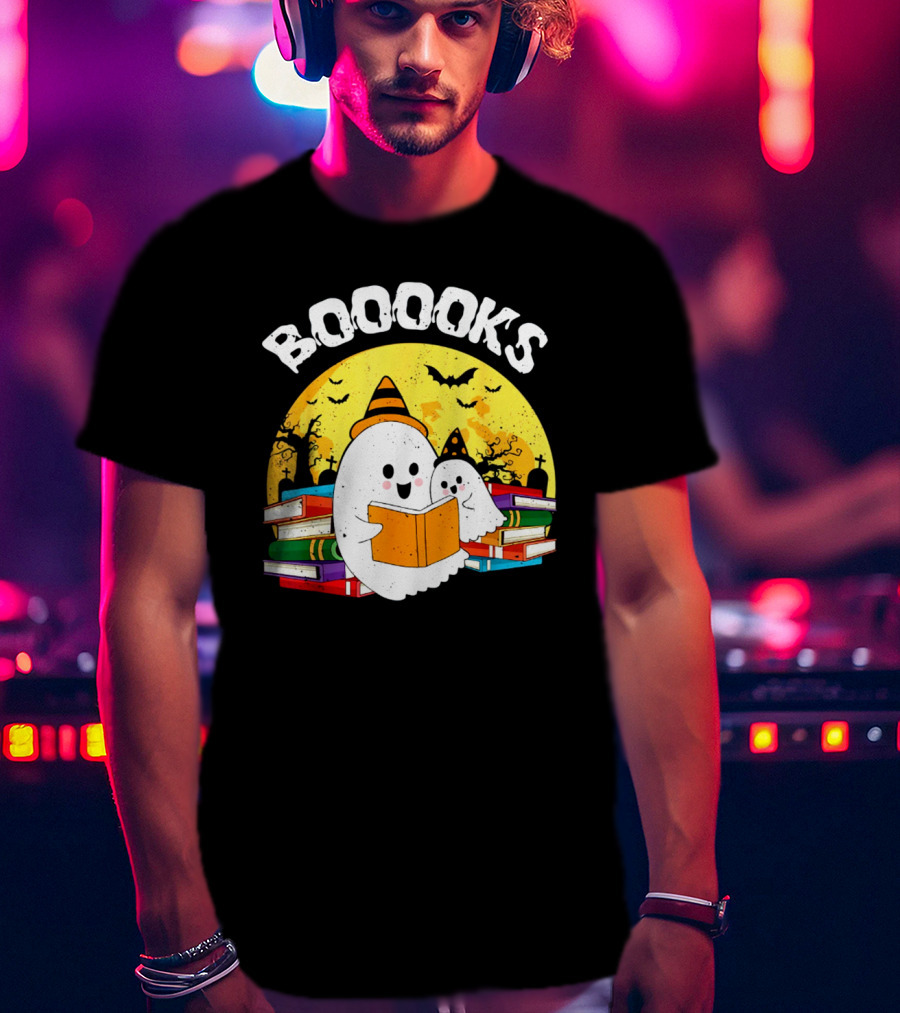 Booooks Ghost Reading Books Halloween Theme With Stacked Books And Bats T-Shirt