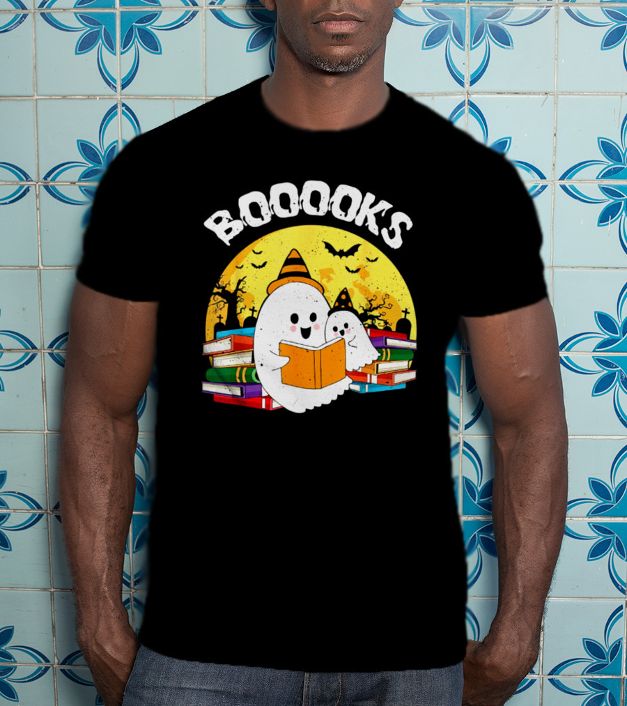 Booooks Ghost Reading Books Halloween Theme With Stacked Books And Bats T-Shirt