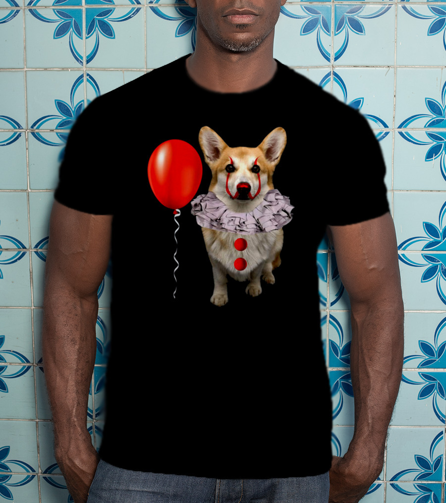 Red Balloon Corgi Scary Clown Funny Costume T-Shirt