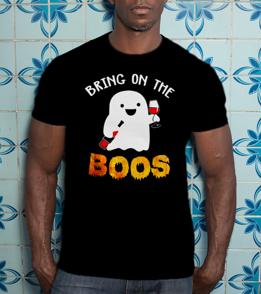 Bring On The Boos Funny Wine Ghost Holding Bottle And Glass Of Red Wine T-Shirt