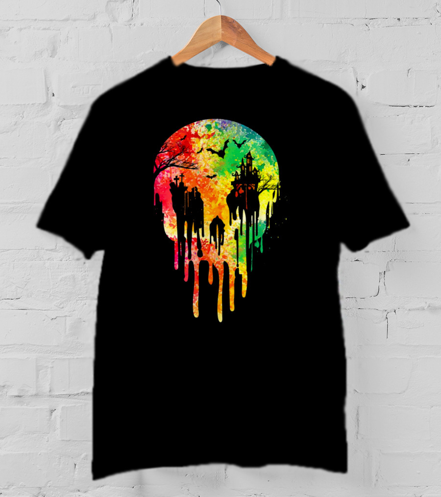 Melting Skull Colorful Night With Haunted Trees And Bats T-Shirt