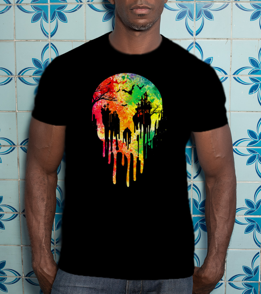Melting Skull Colorful Night With Haunted Trees And Bats T-Shirt