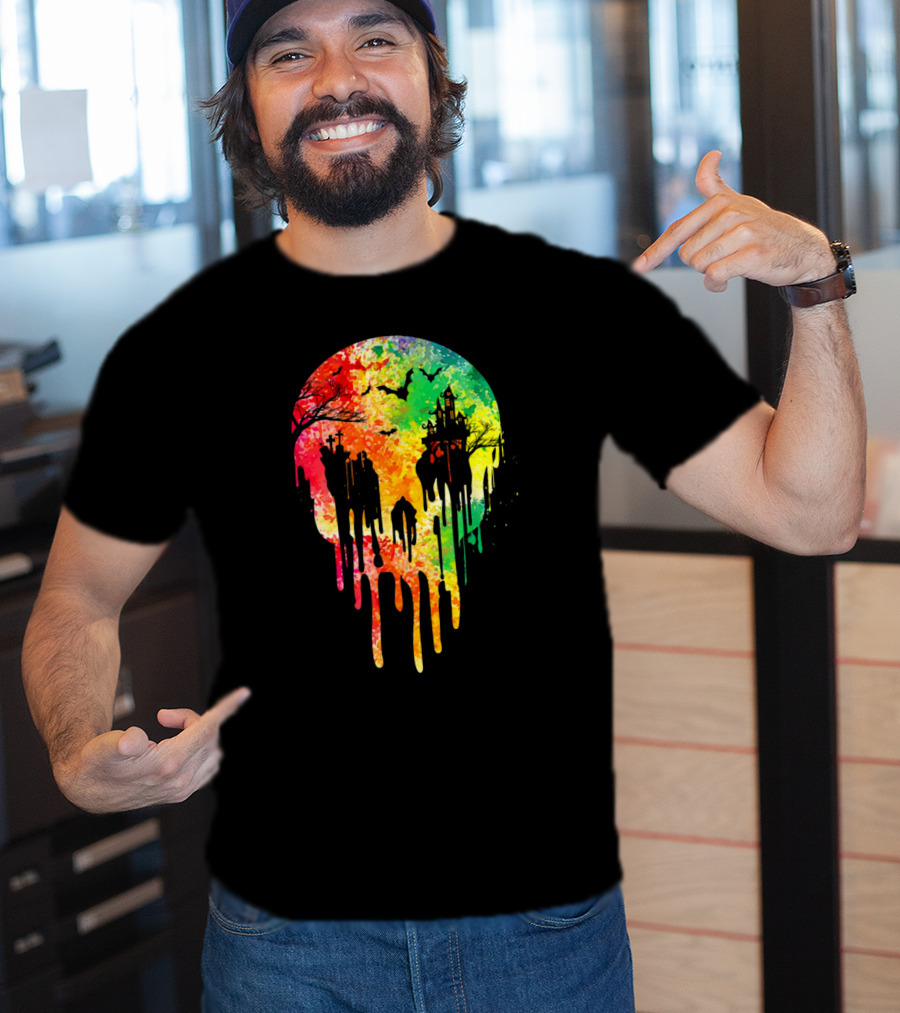 Melting Skull Colorful Night With Haunted Trees And Bats T-Shirt