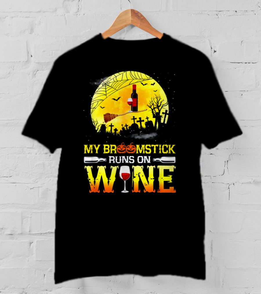 My Broomstick Runs On Wine Halloween Moon Pumpkins Graveyard Scene T-Shirt