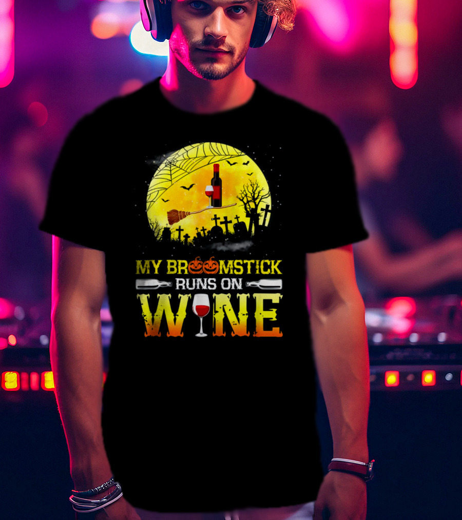 My Broomstick Runs On Wine Halloween Moon Pumpkins Graveyard Scene T-Shirt