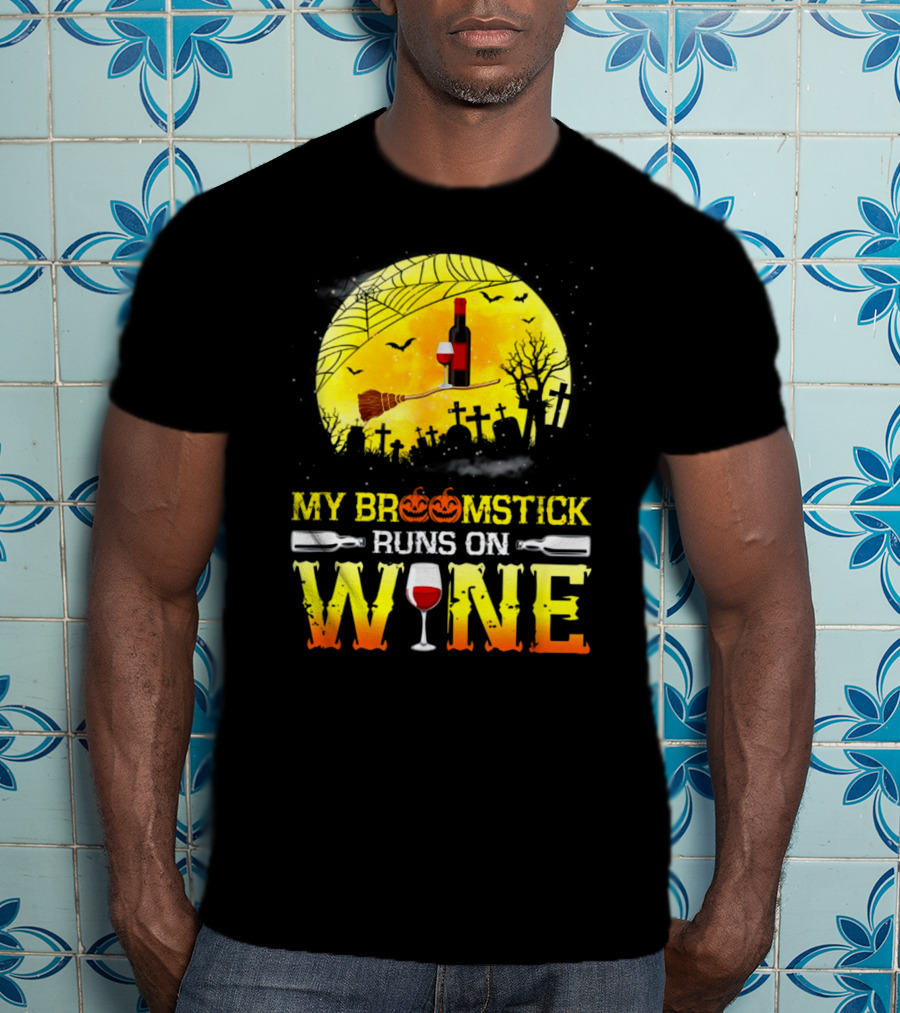 My Broomstick Runs On Wine Halloween Moon Pumpkins Graveyard Scene T-Shirt