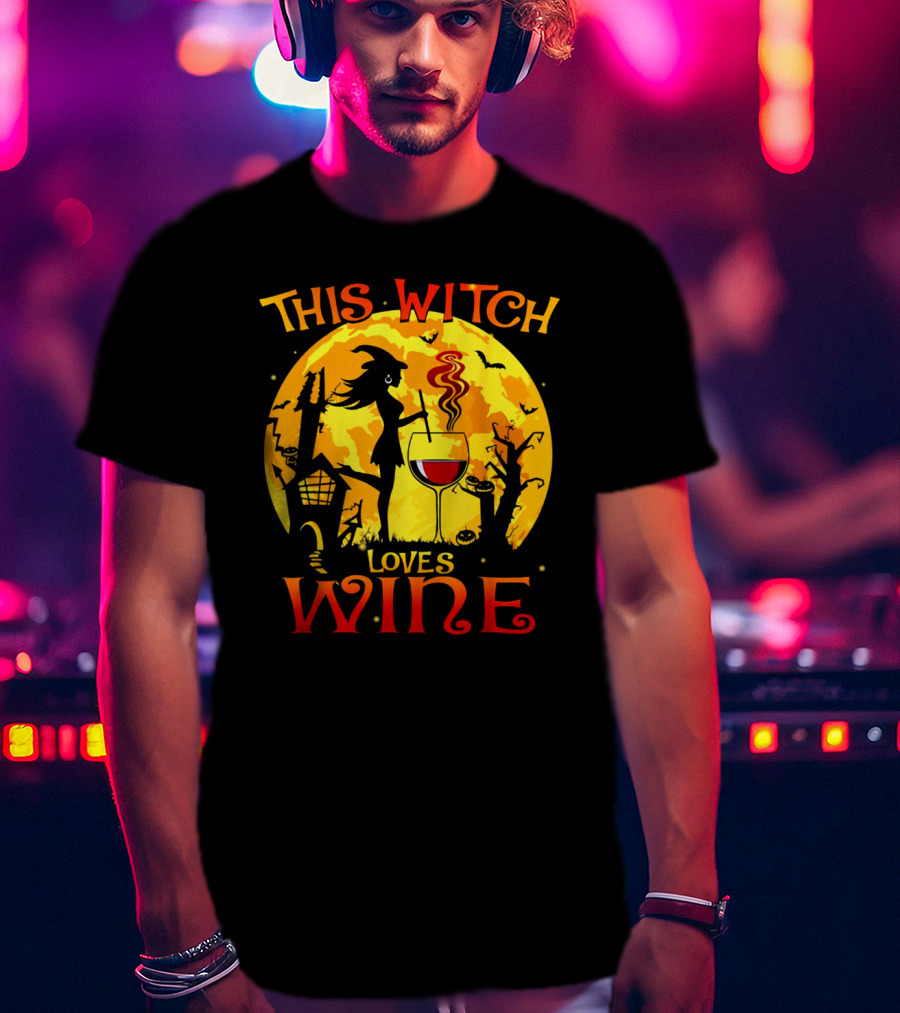 Witch Silhouette Enjoying Wine In Halloween Scene With Full Moon And Bats T-Shirt