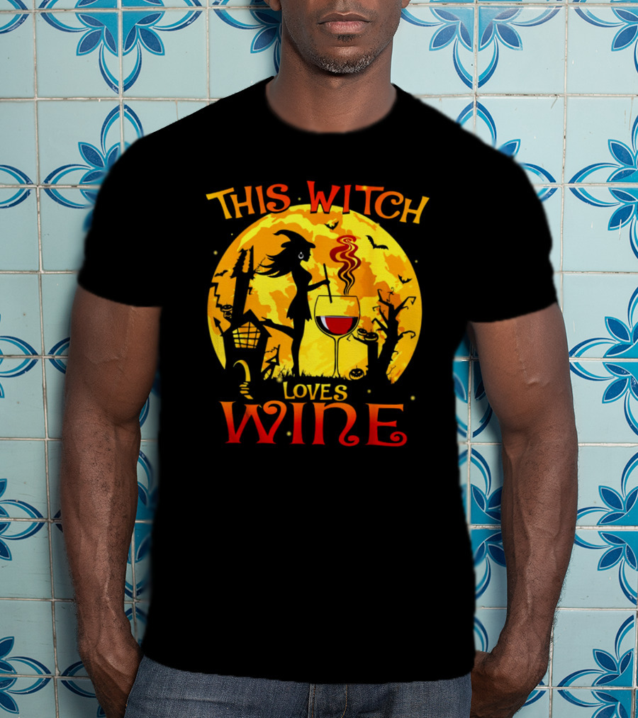 Witch Silhouette Enjoying Wine In Halloween Scene With Full Moon And Bats T-Shirt