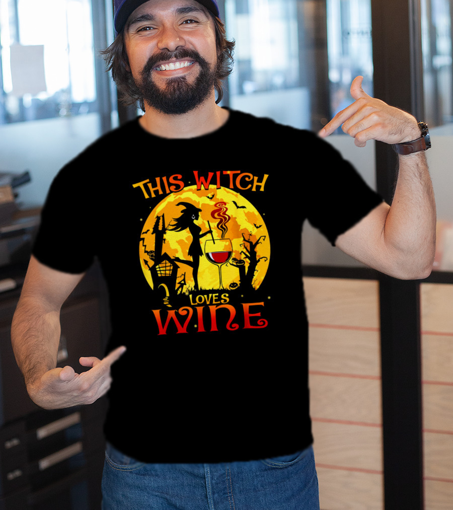 Witch Silhouette Enjoying Wine In Halloween Scene With Full Moon And Bats T-Shirt