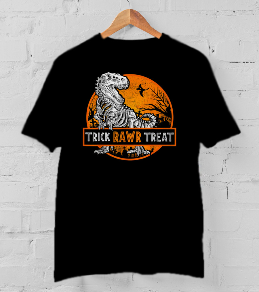 Trick Rawr Treat Halloween Skeleton T-Rex With Spooky Orange Background T-Shirt