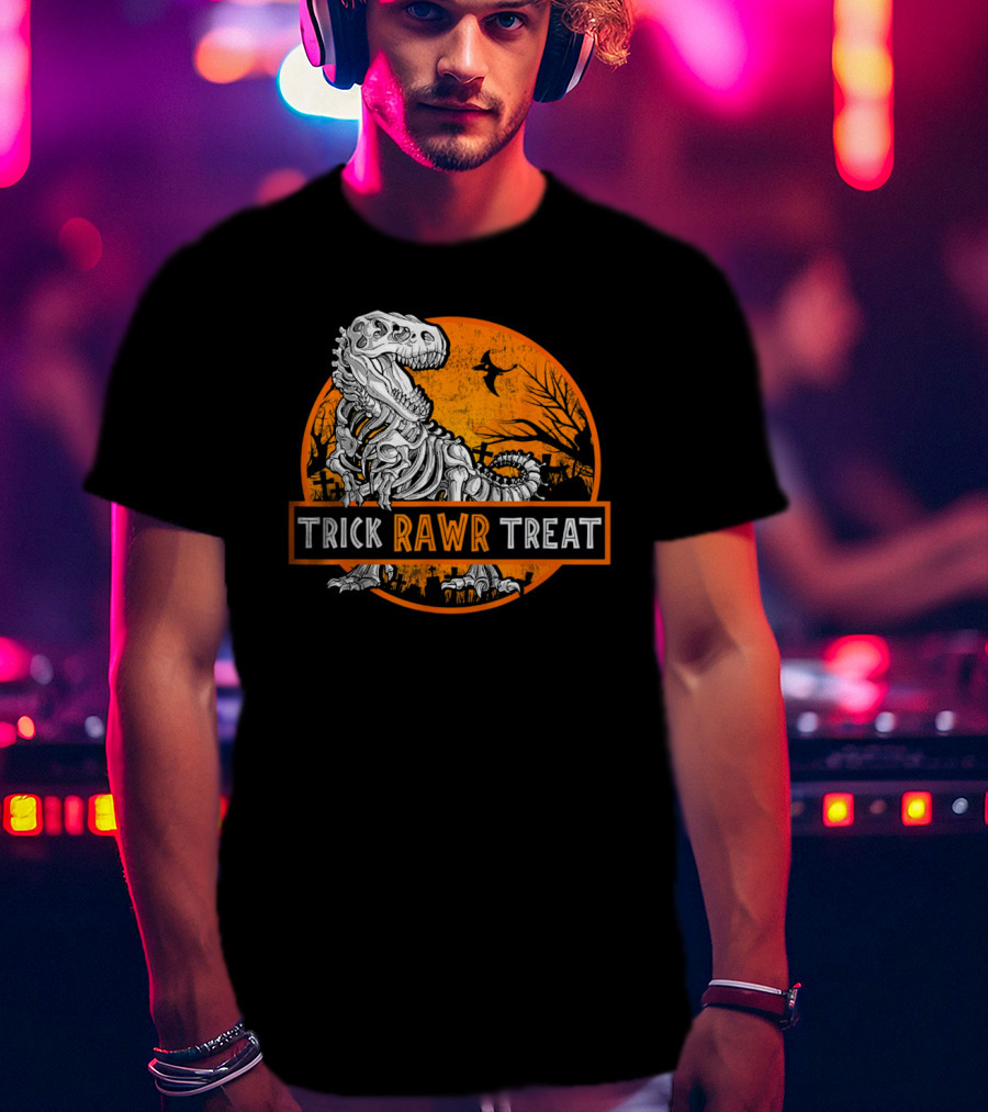 Trick Rawr Treat Halloween Skeleton T-Rex With Spooky Orange Background T-Shirt
