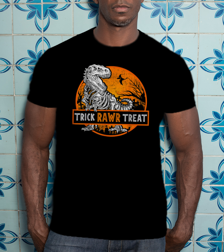 Trick Rawr Treat Halloween Skeleton T-Rex With Spooky Orange Background T-Shirt