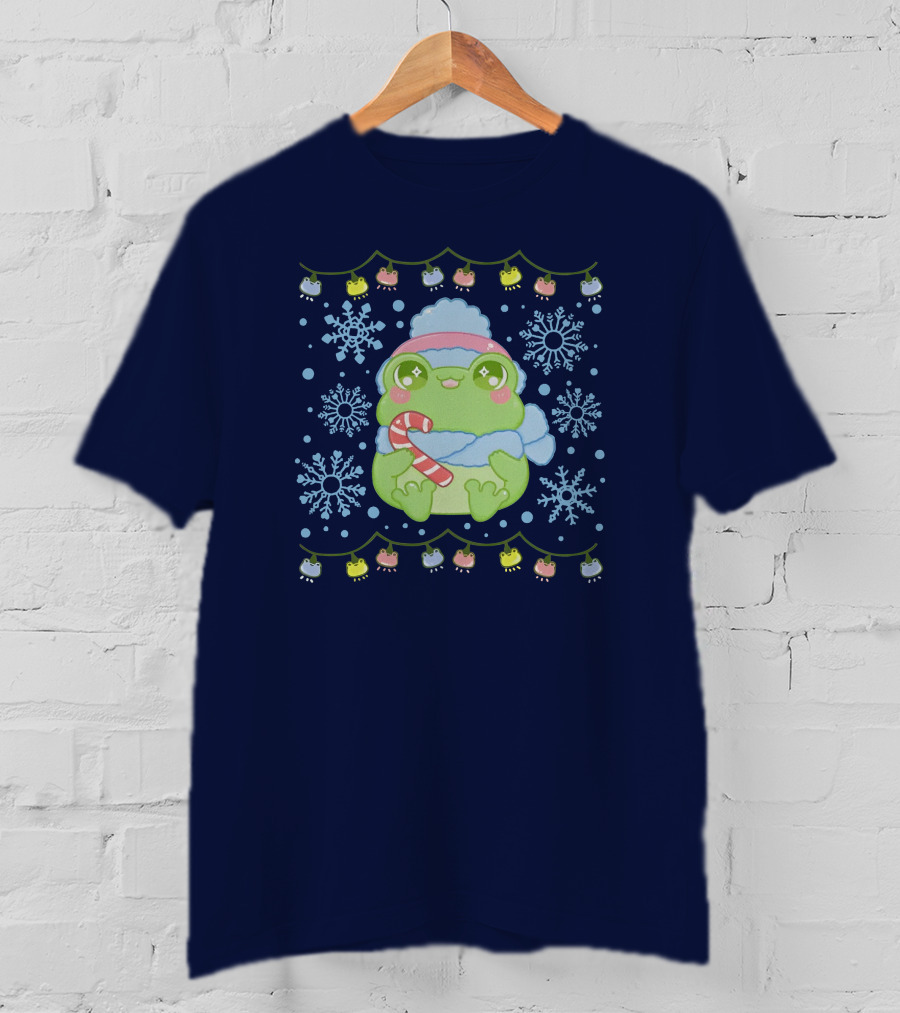 Merry Frogmas Cute Winter Frog With Candy Cane And Snowflakes T-Shirt