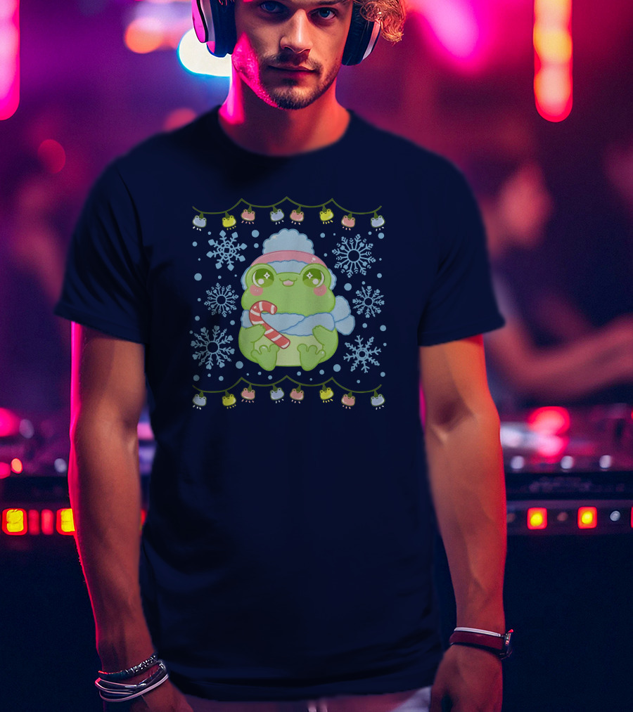 Merry Frogmas Cute Winter Frog With Candy Cane And Snowflakes T-Shirt
