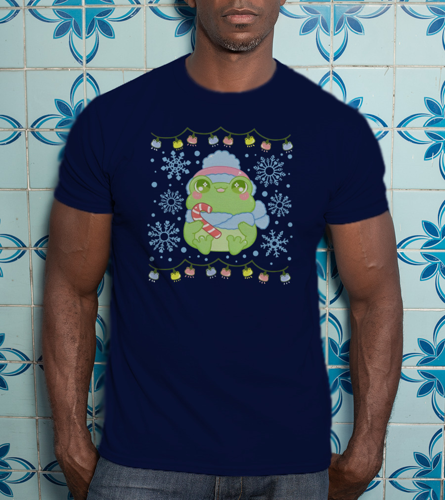 Merry Frogmas Cute Winter Frog With Candy Cane And Snowflakes T-Shirt