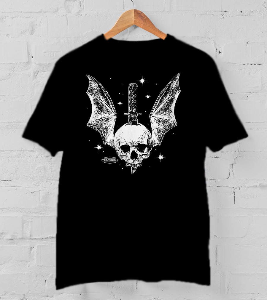 Teamsesh Skull With Bat Wings And Knife Starry Background T-Shirt