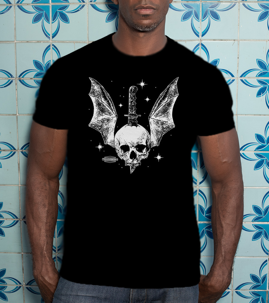 Teamsesh Skull With Bat Wings And Knife Starry Background T-Shirt