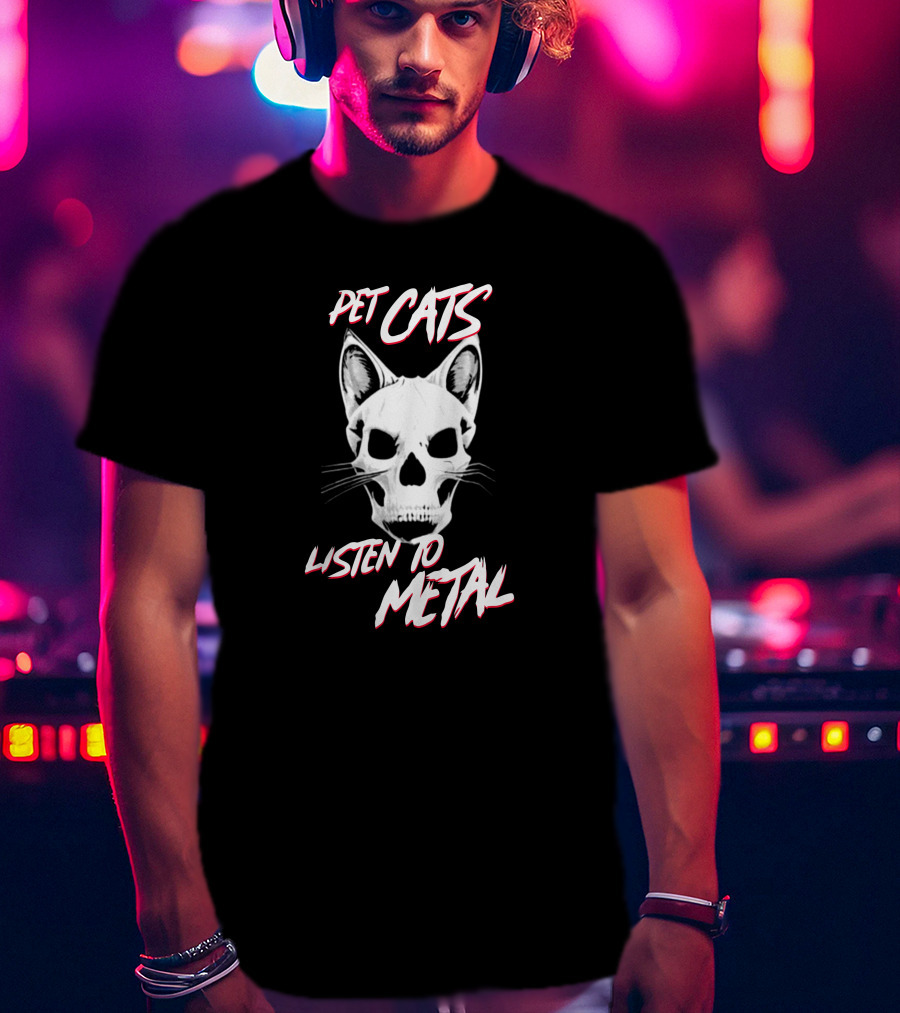 Pet Cats Listen To Metal Skull Cat Head T-Shirt