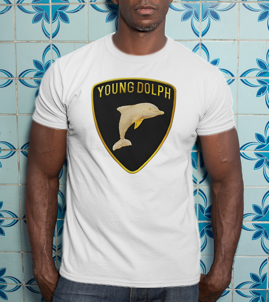 Young Dolph Rich Slave Emblem Gold Dolphin Badge T-Shirt