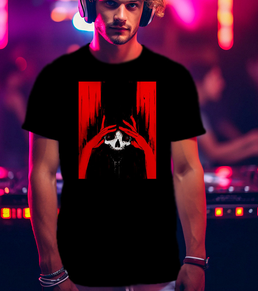 Pitch Canker Overwhelmed Skull In Red And Black T-Shirt