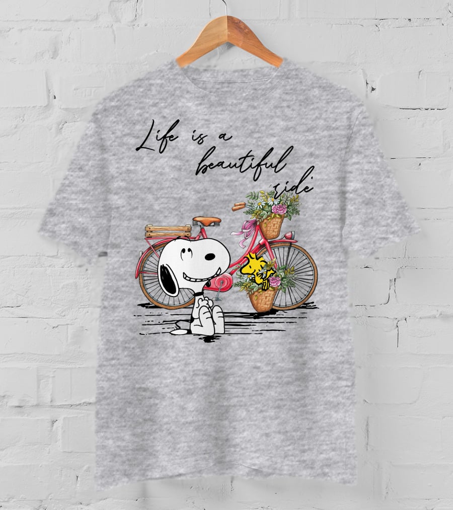 Life Is A Beautiful Ride With Snoopy And Woodstock On Floral Bicycle T-Shirt