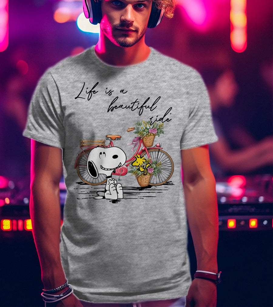 Life Is A Beautiful Ride With Snoopy And Woodstock On Floral Bicycle T-Shirt