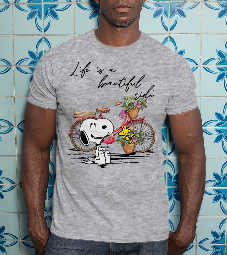 Life Is A Beautiful Ride With Snoopy And Woodstock On Floral Bicycle T-Shirt