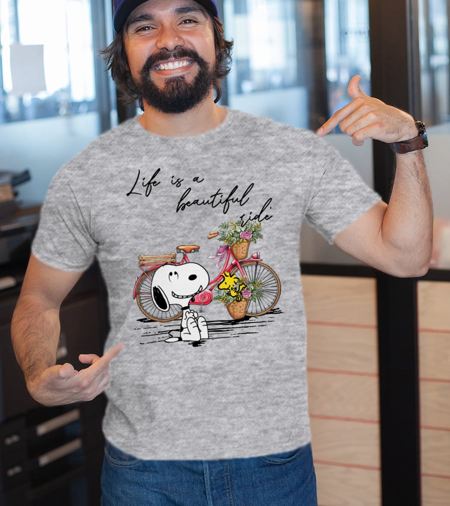 Life Is A Beautiful Ride With Snoopy And Woodstock On Floral Bicycle T-Shirt