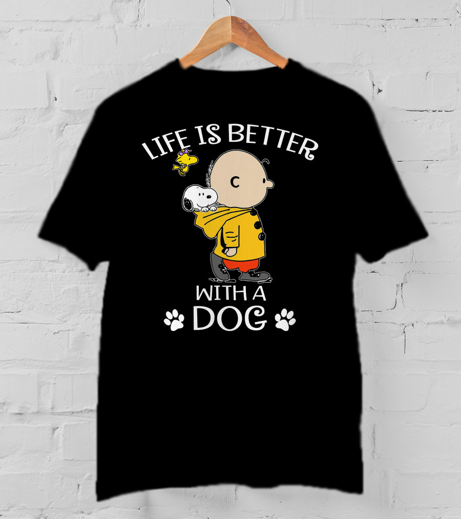 Life Is Better With A Dog Snoopy Charlie Brown Woodstock Paw Prints T-Shirt