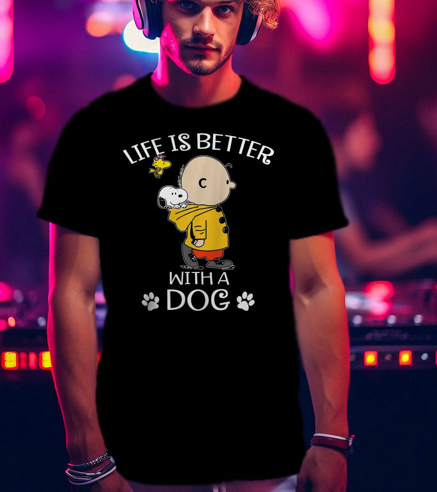 Life Is Better With A Dog Snoopy Charlie Brown Woodstock Paw Prints T-Shirt