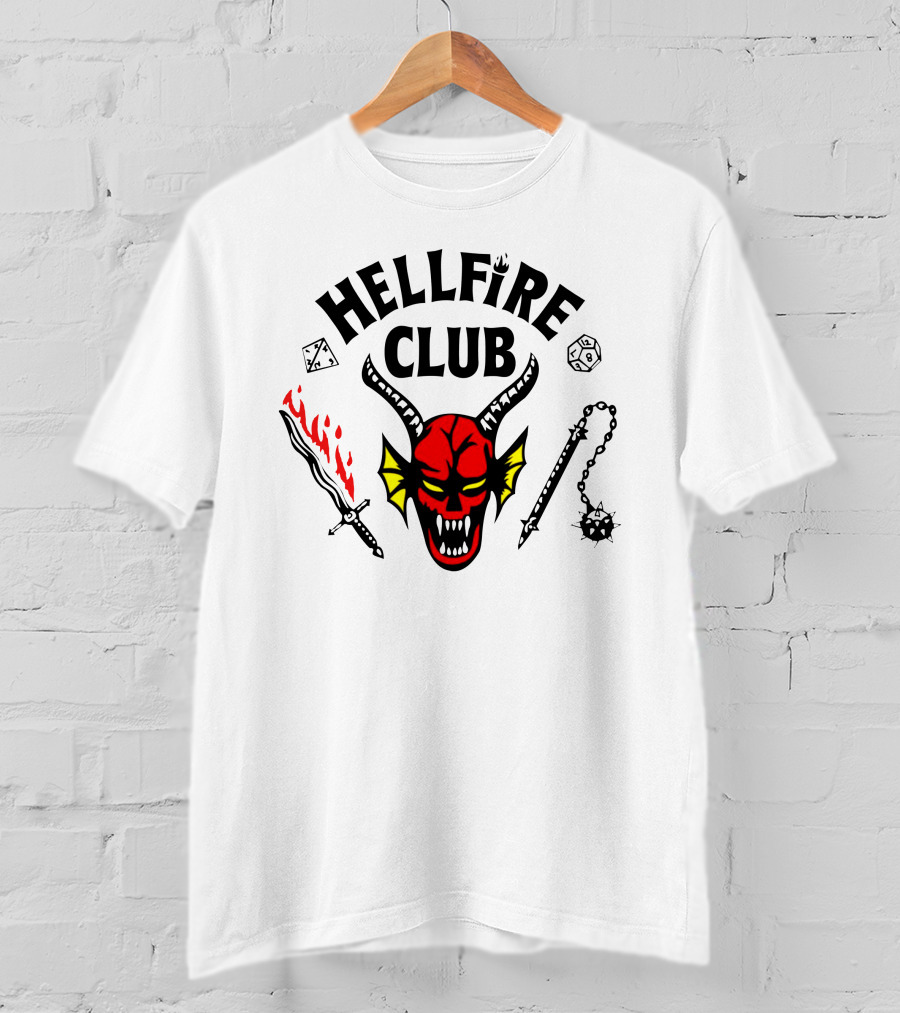 Mike Wheeler Hellfire Club Demon Sword Dice Dungeons Dragons Chains T-Shirt
