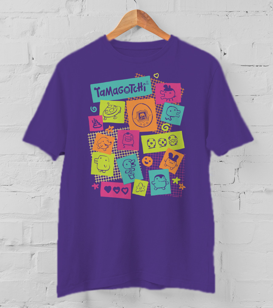 Tamagotchi Neon Character Collage With Hearts And Stars T-Shirt