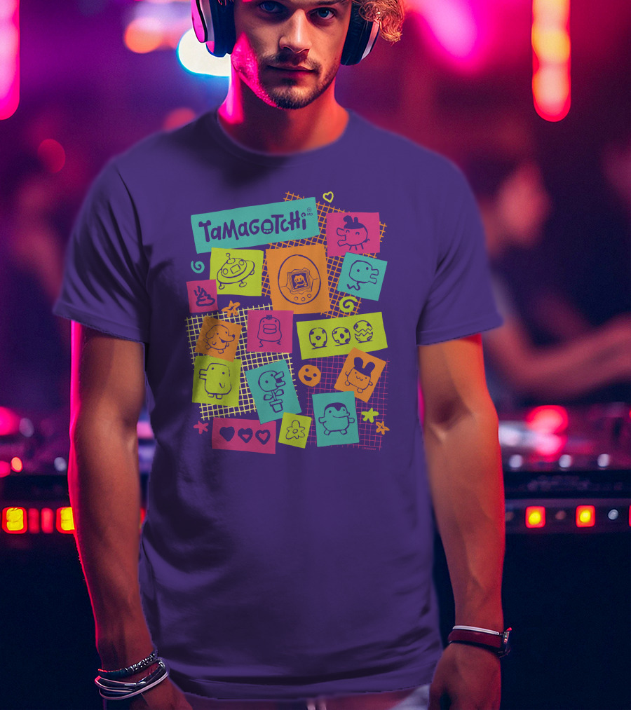 Tamagotchi Neon Character Collage With Hearts And Stars T-Shirt