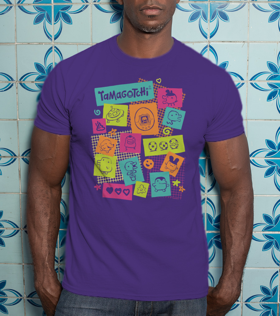 Tamagotchi Neon Character Collage With Hearts And Stars T-Shirt