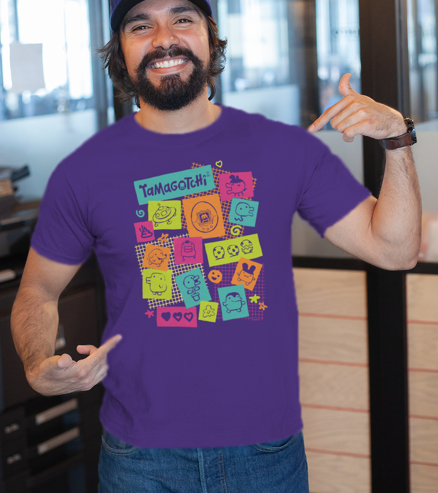 Tamagotchi Neon Character Collage With Hearts And Stars T-Shirt