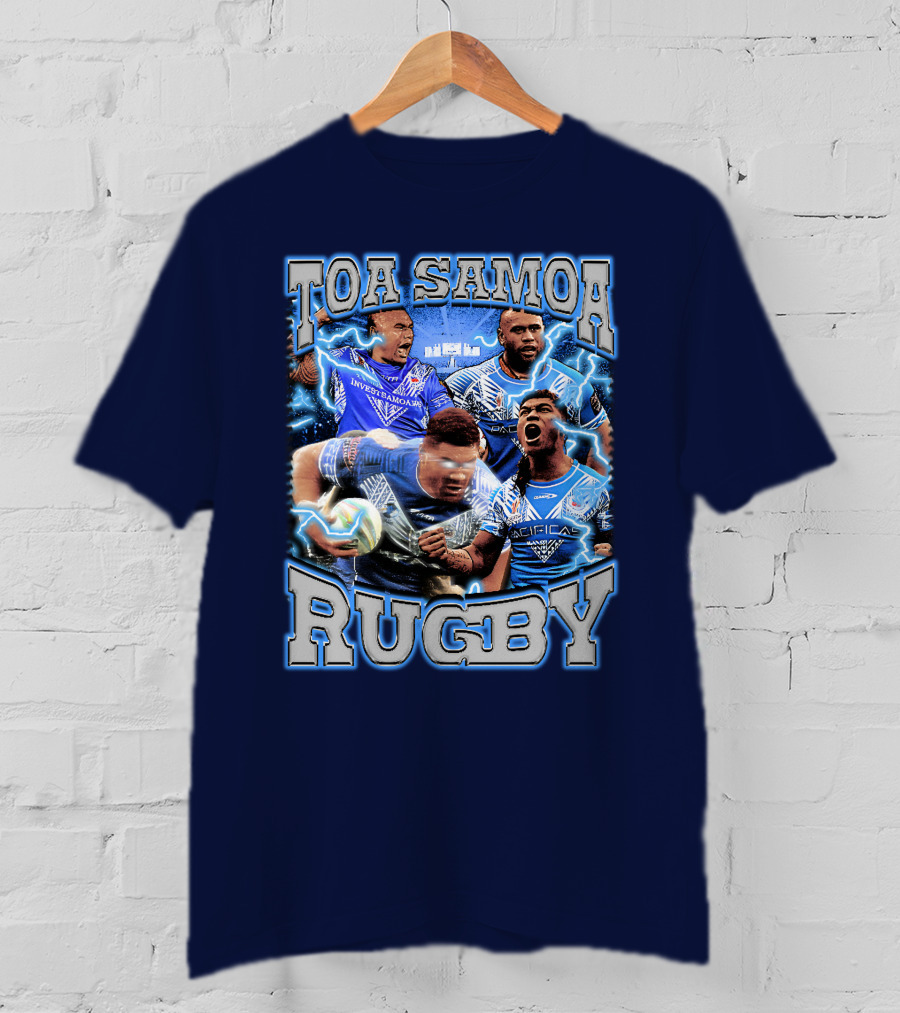 Toa Samoa Rugby Blue Jersey Action Lightning Background T-Shirt