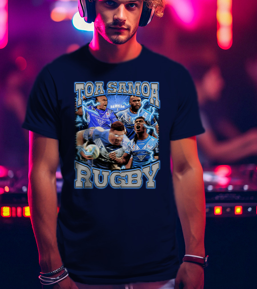 Toa Samoa Rugby Blue Jersey Action Lightning Background T-Shirt