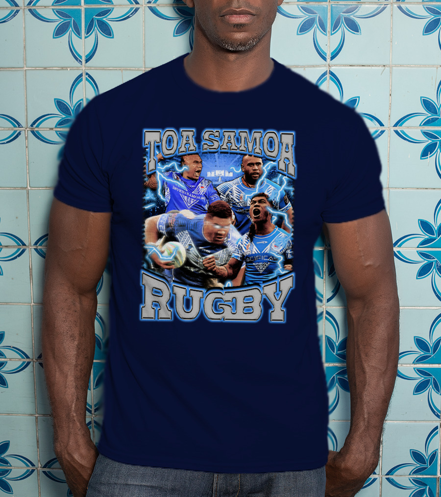 Toa Samoa Rugby Blue Jersey Action Lightning Background T-Shirt
