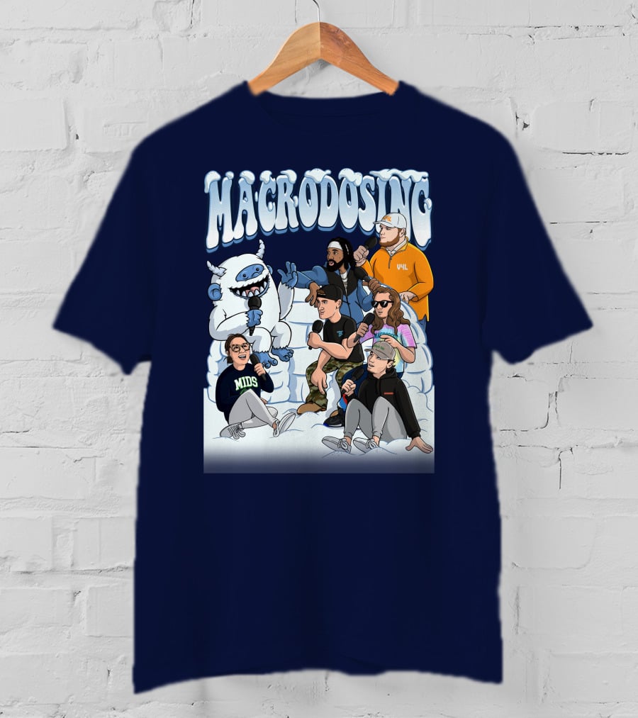 Macrodosing Yeti Podcast Group In Ice Fortress Scene With Microphones And Laughter T-Shirt