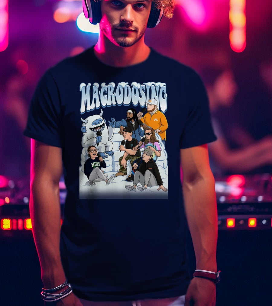 Macrodosing Yeti Podcast Group In Ice Fortress Scene With Microphones And Laughter T-Shirt