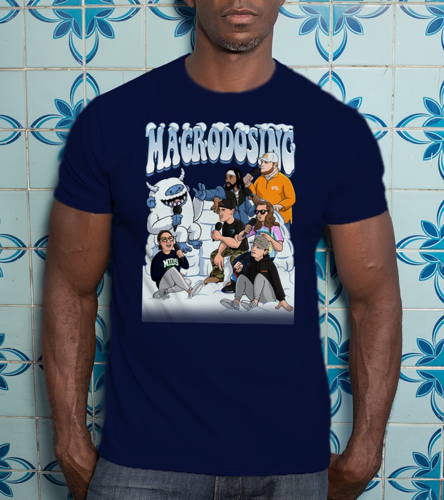 Macrodosing Yeti Podcast Group In Ice Fortress Scene With Microphones And Laughter T-Shirt