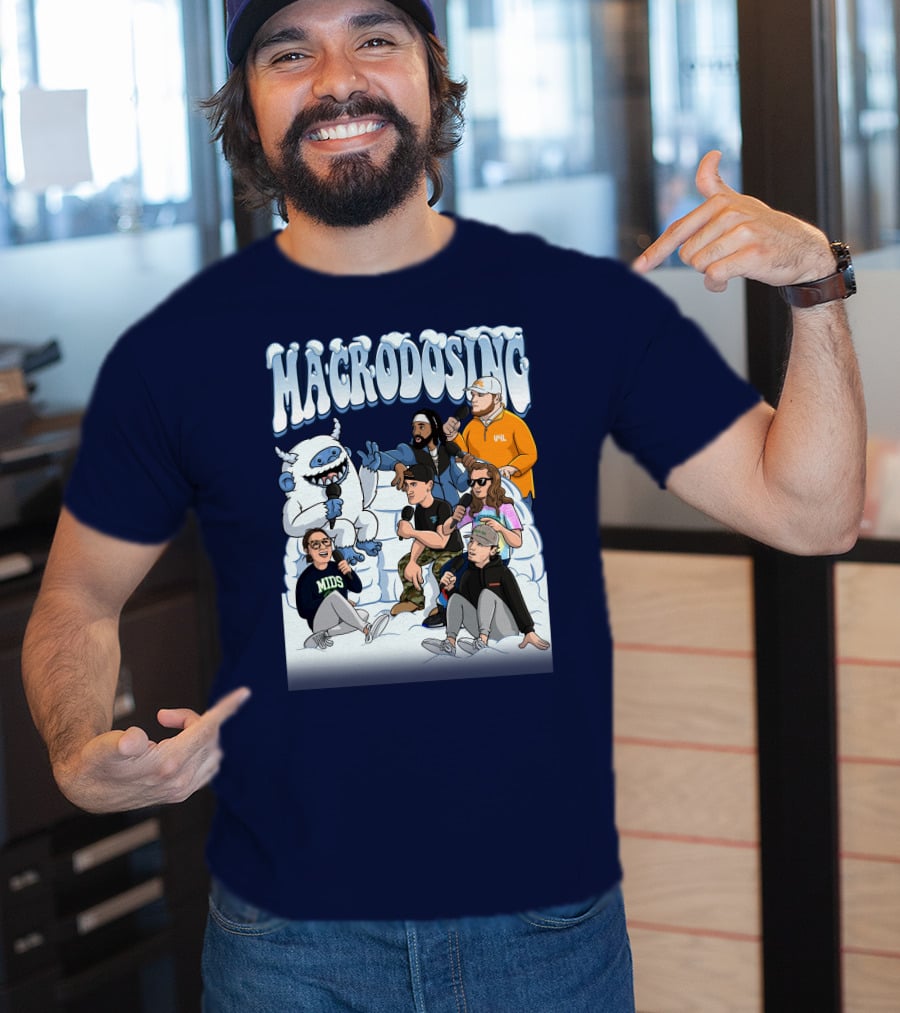 Macrodosing Yeti Podcast Group In Ice Fortress Scene With Microphones And Laughter T-Shirt