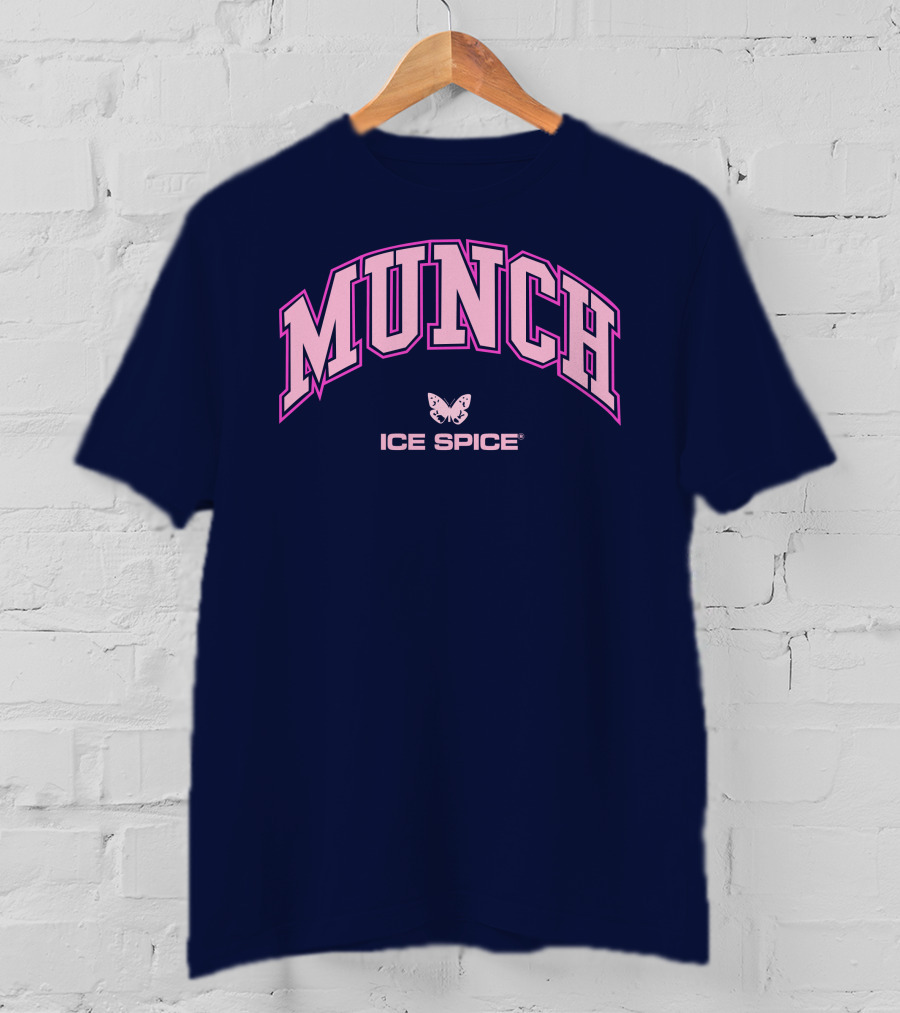 Munch Butterfly Ice Spice Pink Lettering Dark Blue Background T-Shirt